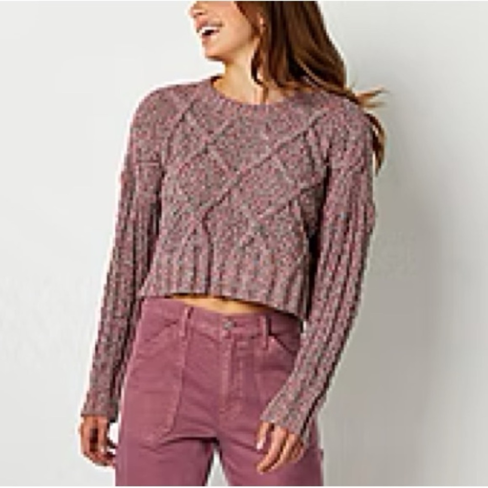 Arizona Jean Company Cropped Chunky Cable Knit Sweater in Color Warm Marl Size L